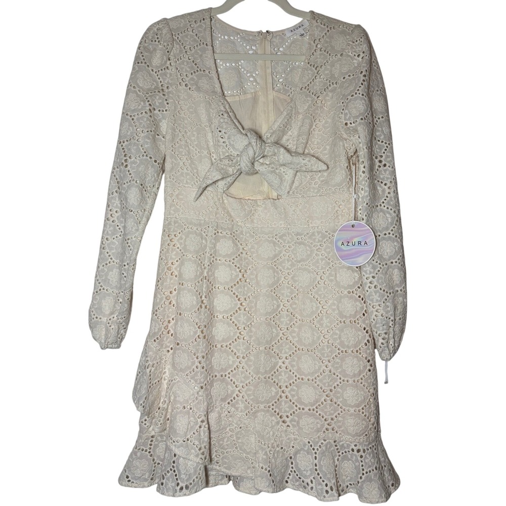 Azura Mini Dress Women's Cream NWT Excellent Eyelet Tie Front Long Sleeve Large - Picture 1 of 8